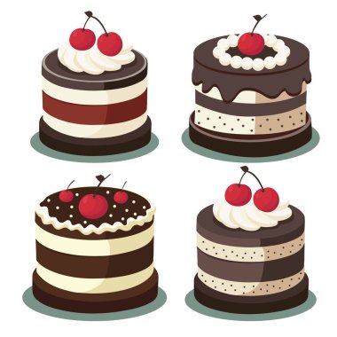 Kara orman pastası. Schwarzwald turtası. Geleneksel turta Alman Çölleri. Tatlı kiraz. Düz dizayn. Vektör illüstrasyonu