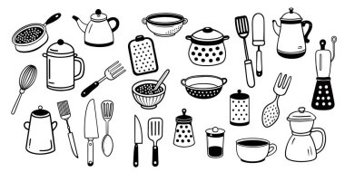 Mutfak aletleri karalama tarzında ayarlandı. Farklı yemek aletlerinin el çizimleri. İzole edilmiş arkaplanda siyah ve beyaz vektör nesneleri.