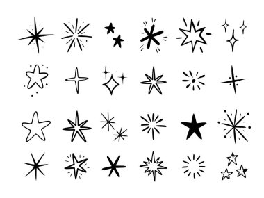 El çizimi el çizimi vektör karalama yıldızları ve parıltılar. Beyaz arka planda izole edilmiş. Vektör illüstrasyonu.