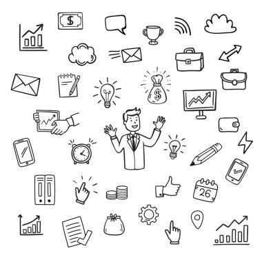 El çizimi iş simgeleri beyaz arkaplanda izole edildi.