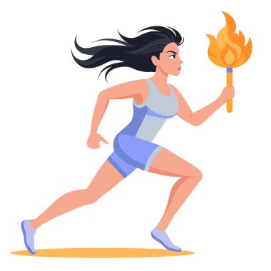 Meşale taşıyıcısı, olimpiyat ateşiyle koşan atletik kadının vektör çizimi. Olimpiyat oyunları.