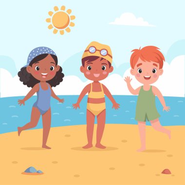Mayo, yüzme şapkası, güvenlik gözlükleri ve vektör resimli şapkalı şirin kız ve erkek çocukları.