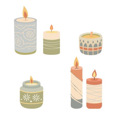 İskandinav tarzı mumlar. Çeşitli Mumlar. Farklı şekil ve boyutlarda. Vektör illüstrasyonu.