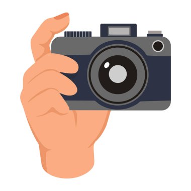 Bir kamera ikonunu tutarken. Web tasarımı için bir kamera simgesini tutan elin düz çizimi