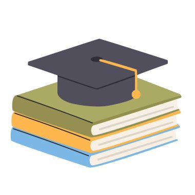 Kitap yığınında mezuniyet şapkası. Düz biçimli vektör illüstrasyonu