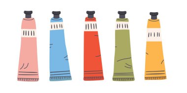 Farklı renklerde boya tüpleri. Parlak akrilik, suluboya ya da yağlı boya. Malzeme çiziyorum. Çizgi film tarzında elle çizilmiş vektör çizimi.