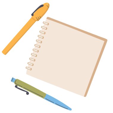 Beyaz bir arka planda defter ve kalem. Düz biçimli vektör illüstrasyonu.