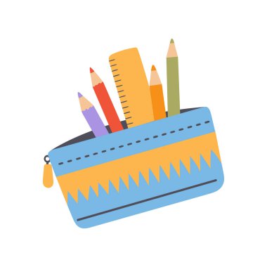 Kurşun kalemli kalem kutusu. Okul malzemeleri. Okula dönelim. Vektör illüstrasyonu.