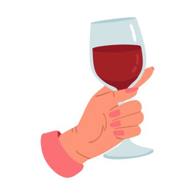 El ele tutuşup bir kadeh kırmızı şarap içeriz. Düz biçimli vektör illüstrasyonu