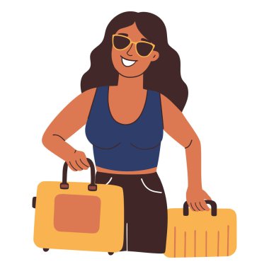 Bavullu turist kadın. Vektör illüstrasyonu