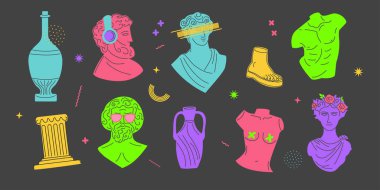 Modern sanat tarzında antik Yunan kültür çıkartması paketi. Asit eğilimli Yunanistan heykeli, uçuk gerçeküstü elementler, garip heykel vektörü seti. Mitolojik trend karakterleri.