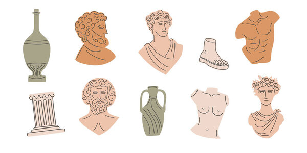 Комплект старинной греческой статуи и классические винтажные формы памятника. Древние греки и римляне. Греческая коллекция антикварных иллюстраций. Векторная рука.