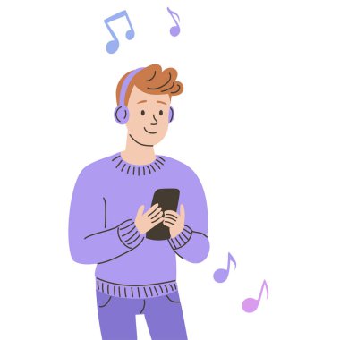 Kulaklık ve akıllı telefonla müzik dinleyen genç bir adamın vektör çizimi