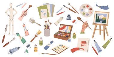 Sanat malzemeleri, aletler. Paletler, fırçalar, kalem kiti, kalem, eskiz defteri, resim sehpası ve tuval boyar. Moda modern vektör illüstrasyonu beyaz, el çizimi, düz tasarım.