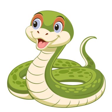 Gülümseyen sevimli bir yılan. Sürüngen ve yeşil hayvan. Gülümseyen kawaii yılanı. Çizgi film vektör çizimi beyaz arkaplanda izole edildi
