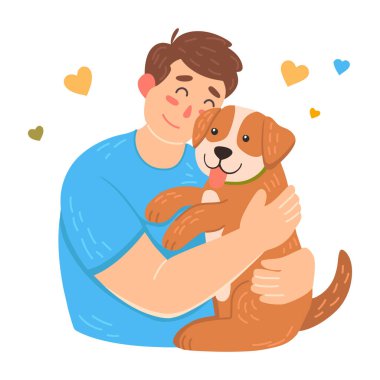 Evcil hayvan sahipleri mutlu. Genç bir adam bir köpeğe sarılır. Şirin düz vektör çizimi.