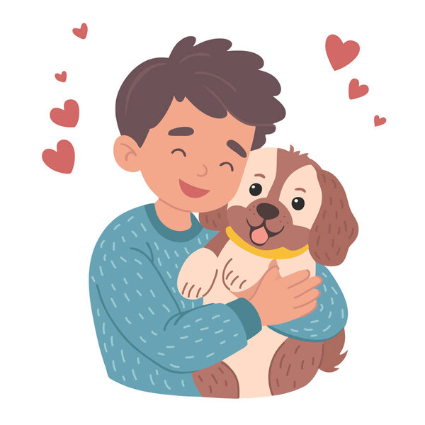 Boy hug dog. Young man hugging puppy with love. Kid and dog vector illustration, children puppy friend, pup animal owner happy child cartoon vector illustration