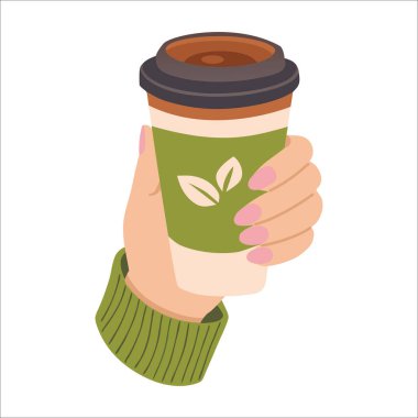 Kahve fincanı elimde. Kibrit çayı. Yeşil çay. Düz biçimli vektör illüstrasyonu.