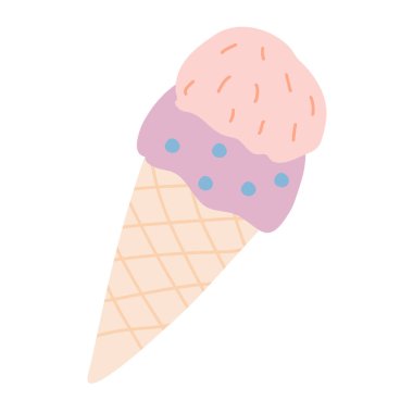 Beyaz arka planda izole edilmiş waffle külahında dondurma. Waffle Con 'da pembe dondurma. Çizgi film vektör çizimi..