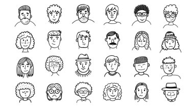 Avatar tarzı karalama yapan insanlar. Elle çizilmiş eskiz tasarımı büyük insanların yüzleri. Vektör illüstrasyonu