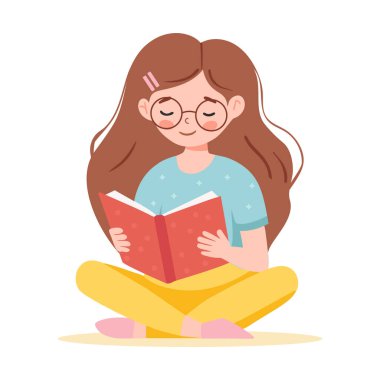 Kız kitap okuyor. Ergen nilüfer pozisyonunda oturur, kitap okur, ödev yapar. Öğrenme ve okuma yazma günü konsepti. Vektör