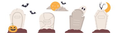 Set of Halloween grave. Vector illustration in flat cartoon style isolated on white background.