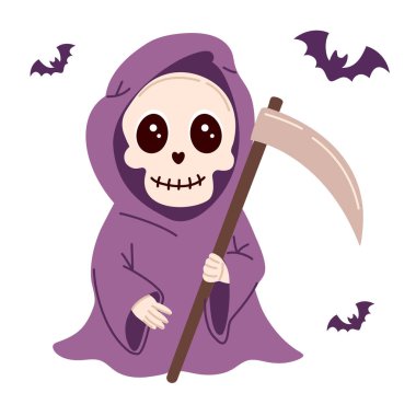 Cadılar Bayramı için Azrail. Kapüşonlu iskelet tırpan tutuyor. Şirin vektör illüstrasyonu