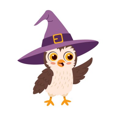 Cadı şapkalı sevimli baykuş. Sevimli çizgi film karakteri. Vektör illüstrasyonu