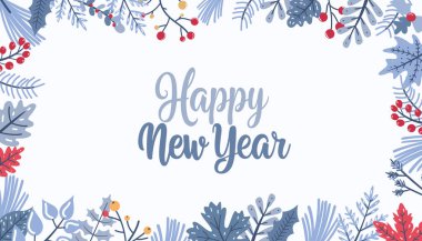 Kış çerçevesi. Kış manzarası. Mutlu Noeller ve mutlu yıllar tebrik kartı. Vektör illüstrasyonu.