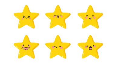 Yıldız simgesi seti. Şirin Kawaii simgeleri. Vektör illüstrasyonu