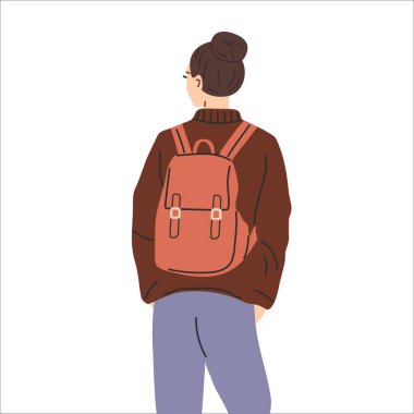 Sırt çantalı genç bir kadın. Düz biçimli vektör illüstrasyonu