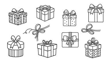 Bir sürü hediye kutusu. El çizimi vektör elemanları