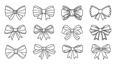 Şeritte fiyonk var. Fiyonk koleksiyonu el çizimi tarzında. Kravat. Düğüm. Hediye yayı. Vektör çizimi. İzole edilmiş. Karalama..