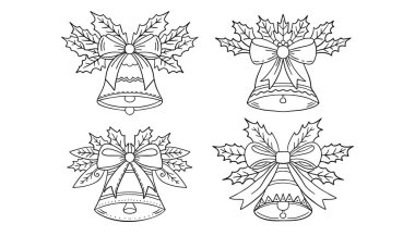 Nokta noktalı Noel çanları, ökseotu, çoban püskülü ve yay. Noel çanları boyama kitabı seti. Vektör illüstrasyonu