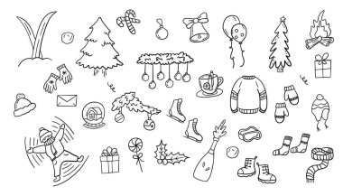 Bir dizi Noel karalama ikonu. El çizimi vektör illüstrasyonu.