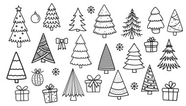 Noel ağacı karalama seti. Tasarımınız için el çizimi vektör çizimi