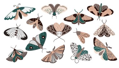 Kelebek ikonu koleksiyonu. Renkli Kelebekler klip seti. Parti davetiyesi, doğum günü kutlaması. Bahar, yaz dekorasyonu. Beyaz arkaplanda izole edilmiş vektör illüstrasyonu