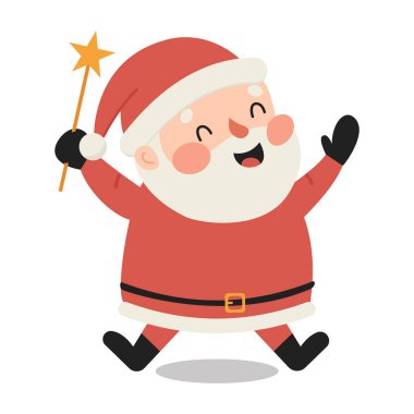Sihirli değnekli Noel Baba. Düz bir şekilde vektör illüstrasyonu. Noel kartı. Sevimli çizgi film karakteri. Vektör illüstrasyonu.