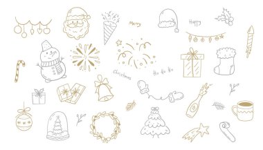 Noel ve Yeni Yıl unsurları el çizimi karalama seti. Vektör illüstrasyonu.