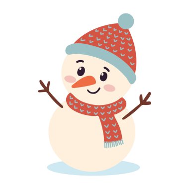 Atkısı ve eldivenleri olan sevimli bir kardan adam. Vektör illüstrasyonu.