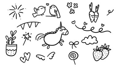 Sevimli el çizimi karalama tek boynuzlu at, kalpler, çiçekler, kuşlar, bulutlar ve diğer elementler..