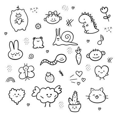 Şirin karalama hayvanları seti. El çizimi vektör illüstrasyonu.