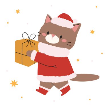 Basit bir çocuk tarzında düz vektör çizimi. Hediye taşıyan sevimli bir kedi. Çizim Yeni Yıl, Noel