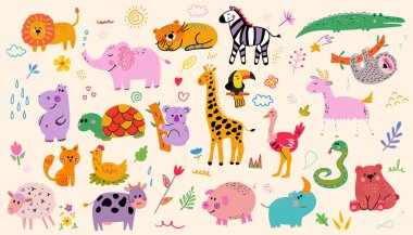 Abstract doodles. Baby animals pattern. Fabric pattern. Vector illustration with cute animals. clipart