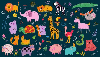 Soyut karalamalar. Yavru hayvan deseni. Kumaş deseni. Şirin hayvanlarla vektör illüstrasyonu.