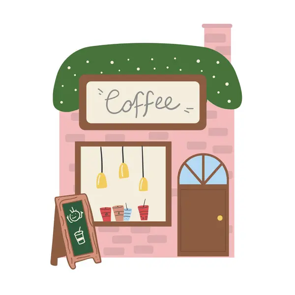 Modern kahve dükkanının dış cephesi. Tanışmak, içmek ve yemek yemek için geleneksel popüler bir yer. Beyaz üzerine izole edilmiş düz stil vektör illüstrasyonu.