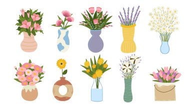 Çiçek buketleri farklı vazolarda. Bahar ve yaz renkli çiçekler. Vektör karikatür düz çizimler kümesi.