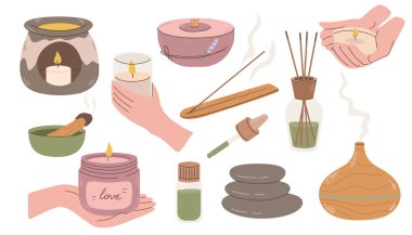 Aromaterapi seti. Gerekli yağlar, mumlar, aroma lambaları, difüzör, otlar, Palo santo, adaçayı. Aromatik yağ. Ayurveda Aromatik Terapi.