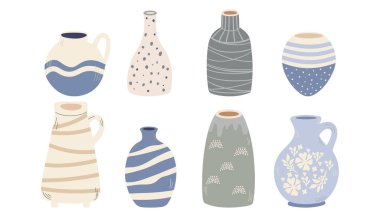 Seramik vazolar hazır. Seramik, vazolar, toprak kapları. Bir seramik sürahi ve vazo seti. Düz vektör kümesi