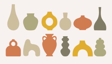 Düz şekilli seramik vazo simgeleri. Vektör çizimi. Modern koleksiyon seramik vazolar, tencereler ve sürahiler siluette.
